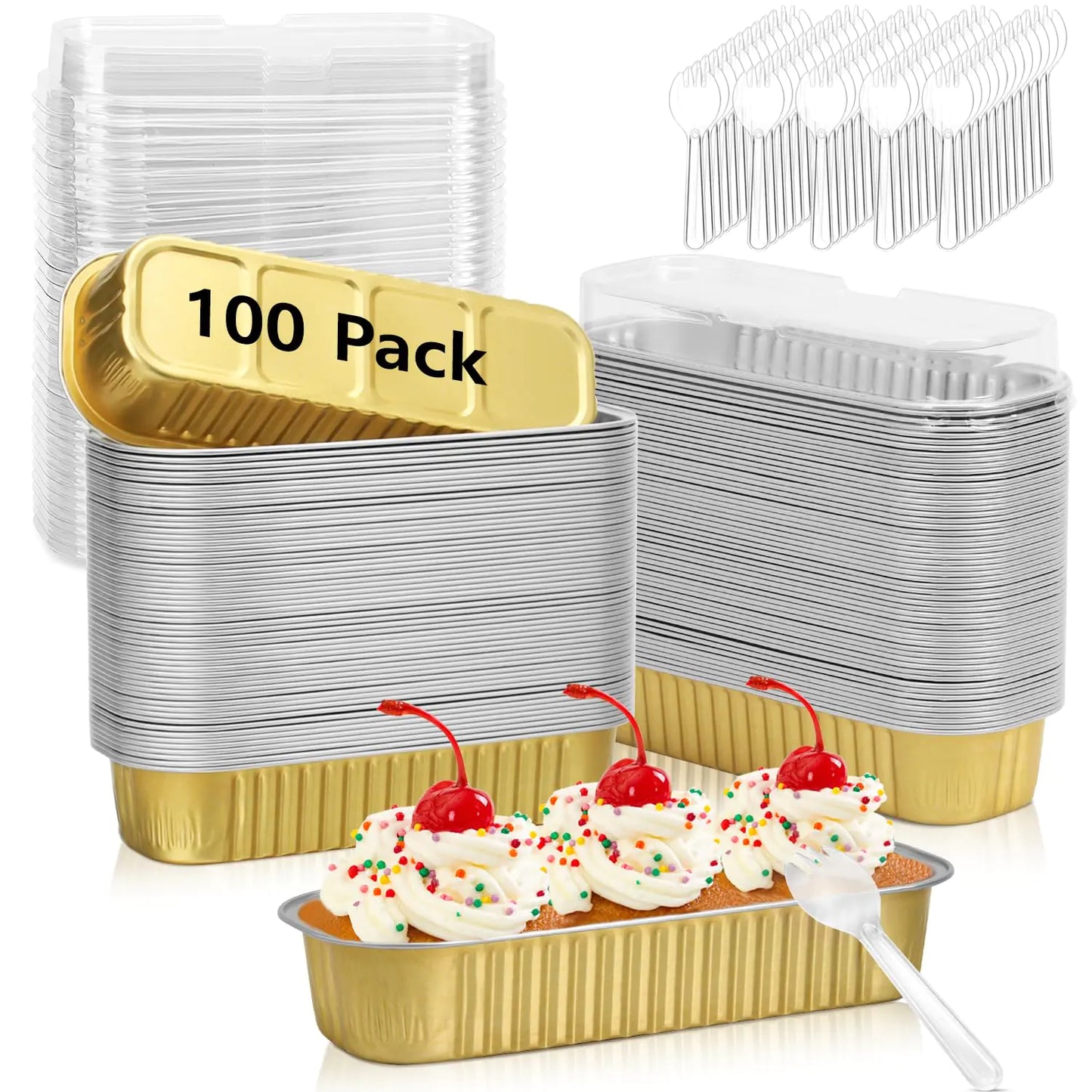 Ruckae 100 Pack Mini Loaf Pans with Lids and Spoons Disposable Aluminum Tin Foil Pans Rectangle Mini Loaf Cake Pan for BakingPartyPicnicsGifts (Gold)