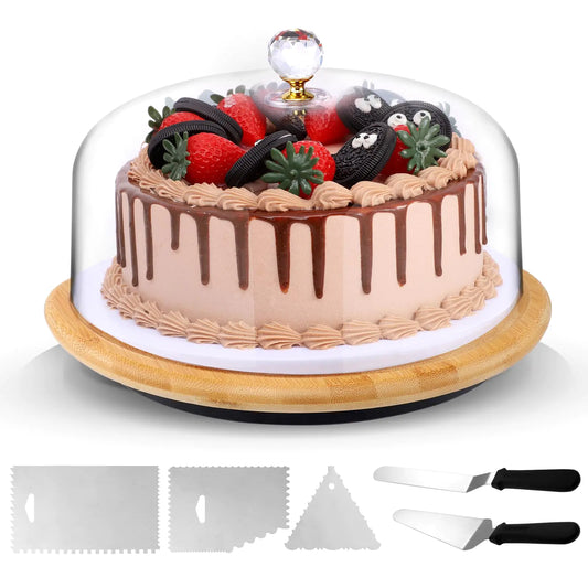Cake Stand with Lid Rotating Cake Stand with Dome Bamboo Cake Display Stand Cake Plate Turnable Cake Holder with Baking Decorating Tools for Birthday Weddings Party