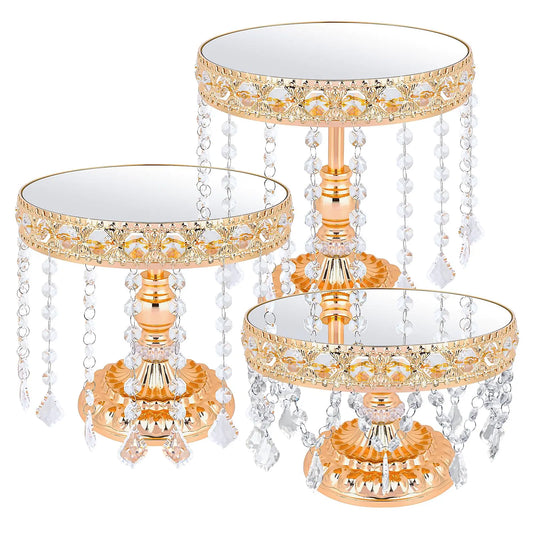 3 PCS Round Cake Stand with Crystal Bling Pendants European Style Lace Cake Plate Golden Premium Display Stand with Crystal Bling Pendants Dessert Showcase Set for Birthday PartiesWeddingBanquet