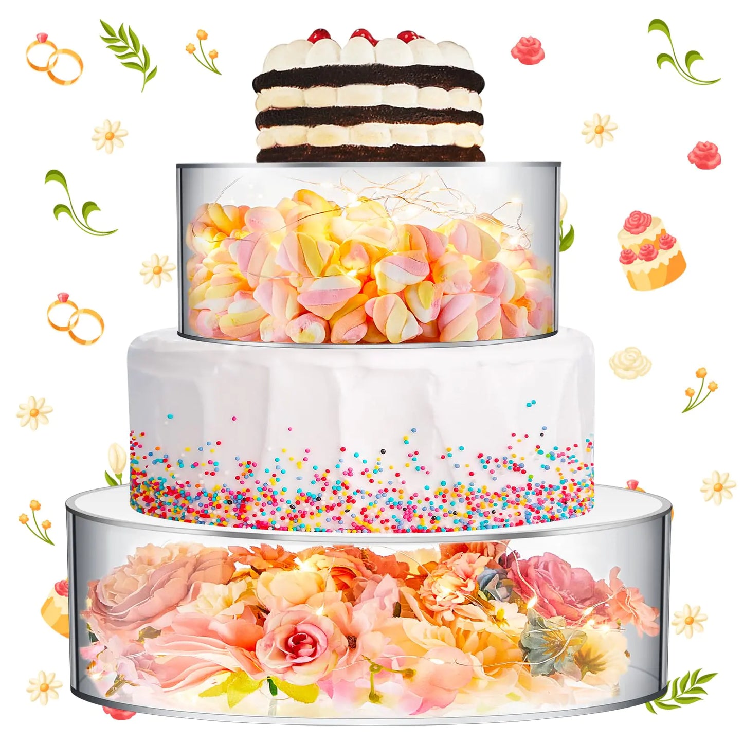 Sunnyray 2 Pcs Acrylic Cake Stands for Dessert Table Clear Fillable Cake Riser Cupcake Cake Tier with LED Strings for Birthday Wedding Holiday Party Display(8 12)