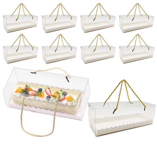 Roppolo 20 Pcs 10.8 Inch Clear Roll Cake Boxes with Gold Rope Handle & Cake Boards Homemade & Bakery Transparent Plastic Gift Boxes，Easy Carrying Storage Containers for Slice Cake Christmas