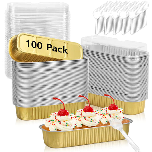Ruckae 100 Pack Mini Loaf Pans with Lids and Spoons Disposable Aluminum Tin Foil Pans Rectangle Mini Loaf Cake Pan for BakingPartyPicnicsGifts (Gold)