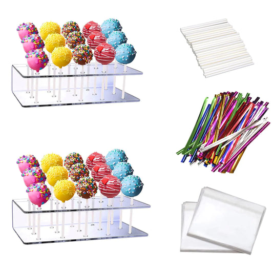 MuuTuoL 2PCS Clear Acrylic Cake Lollipop Display Stand with 100 Candy Sticks 100 Wrappers and 100 Colorful Twist Ties Kit 15 Holes Cake Pop Stand for Birthday Anniversary and Halloween Decoration
